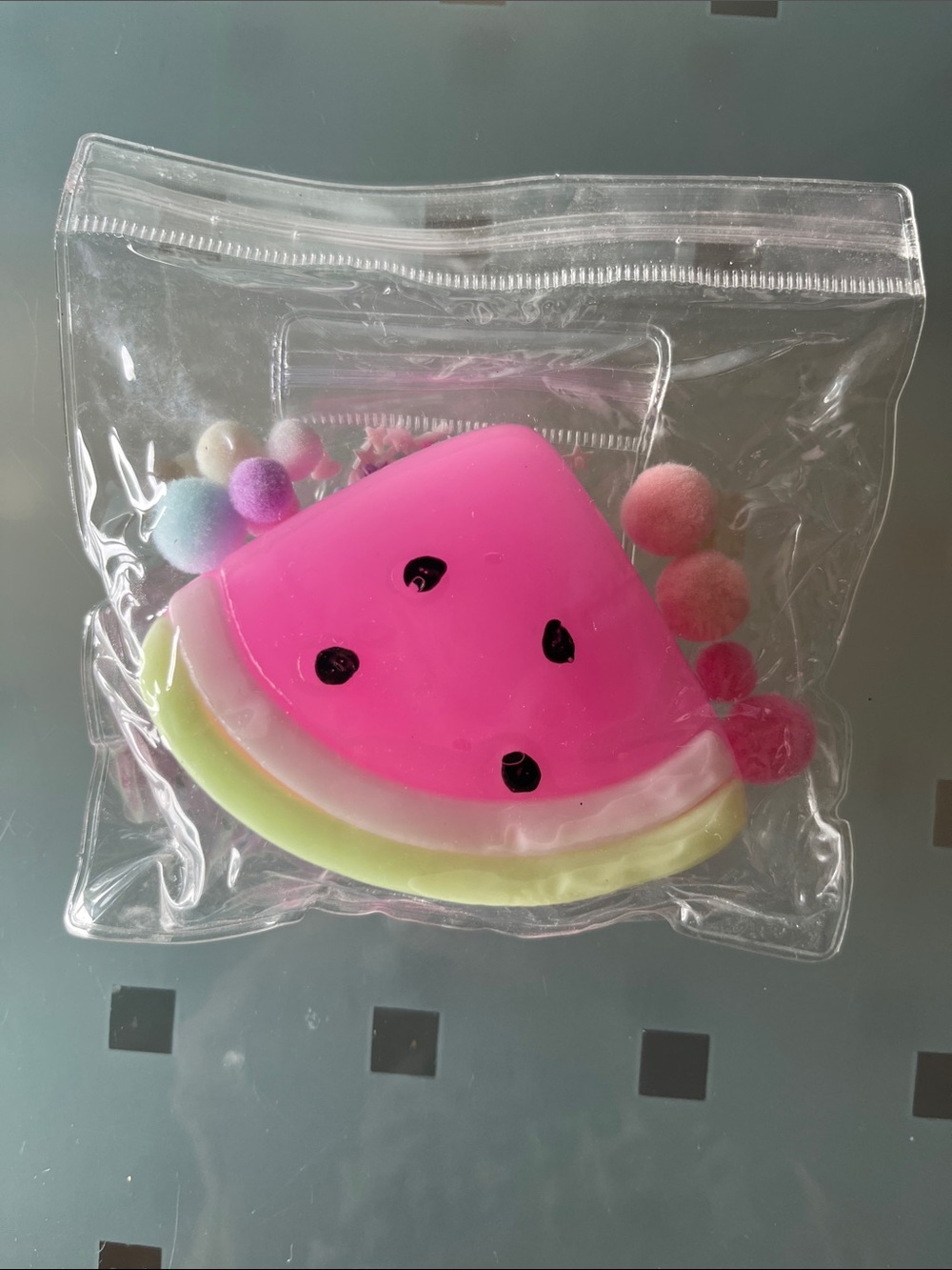 Pink Watermelon Slice Squishy in Clear Pouch
